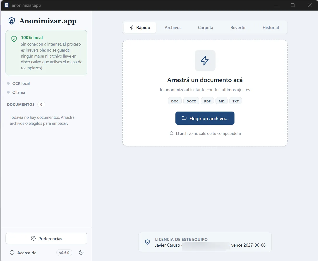 Anonimizar's main window: drop a document to anonymize it, with a 100% local badge and DOC/DOCX/PDF/MD/TXT support.