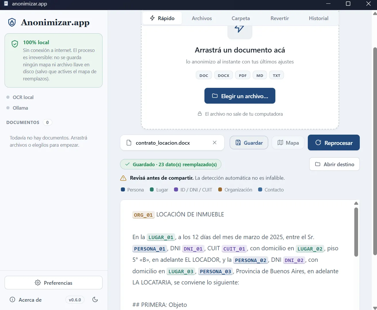 Quick mode: a document anonymized on screen, each detected value replaced by a consistent tag (PERSONA_01, LUGAR_01, DNI_01) and colored by type.