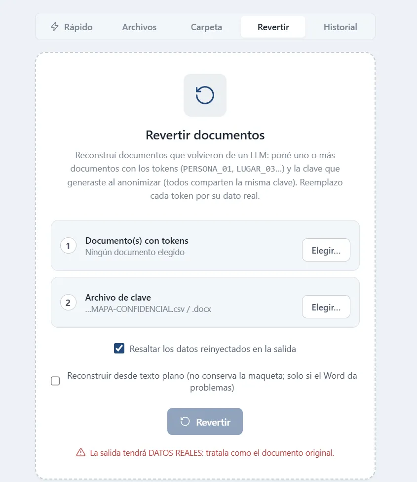 The Revert tab: reconstruct a document that came back from an LLM by re-injecting the real data using your key file.
