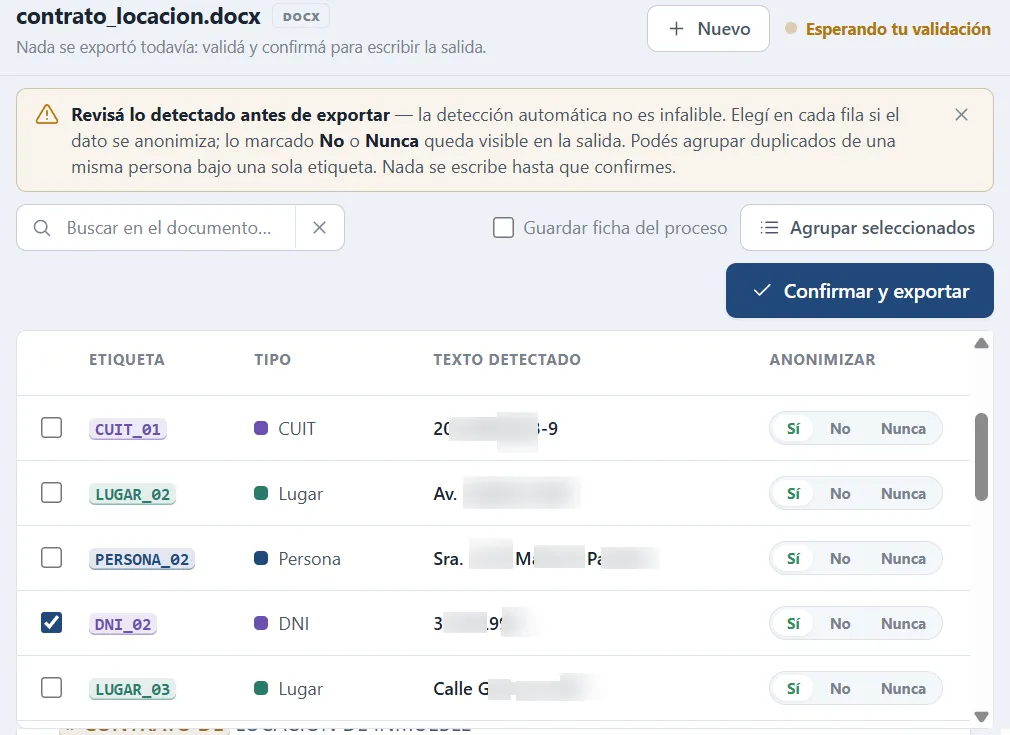 Human validation: a row-by-row table where you choose Yes / No / Never for each detected value before exporting.
