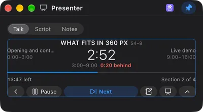 El widget Presenter durante una charla: sección 2 de 4 con su tiempo restante, 20 segundos atrasada, las secciones anterior y siguiente, y los controles de pausa y siguiente