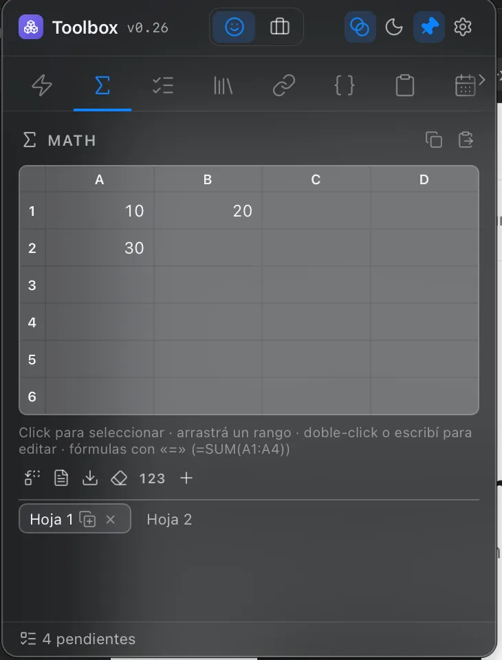 The Math widget: a spreadsheet grid with formulas across two sheets.
