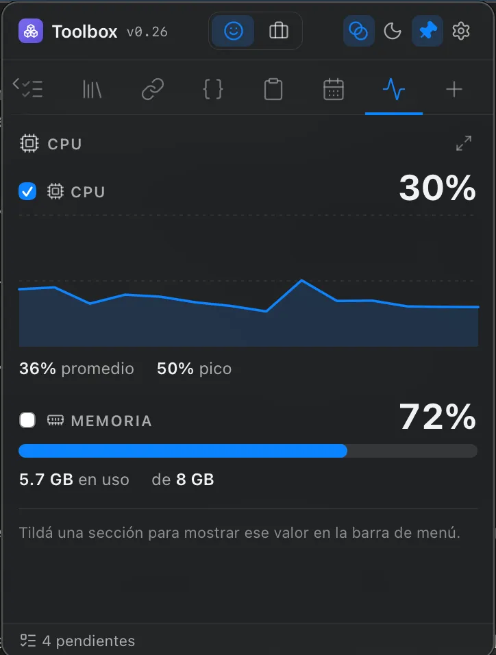 The System info widget: live CPU and memory usage with a chart.