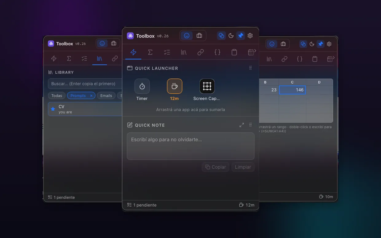 Webstarted Toolbox — a menu-bar popover showing its tabbed widgets
